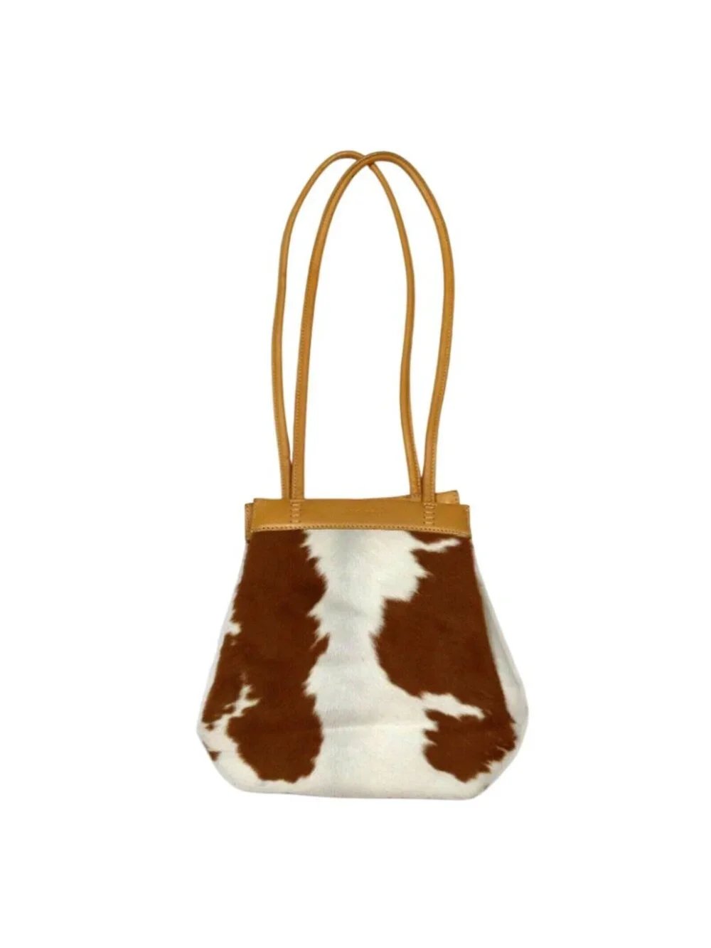 Nine West Tan Leather Brown White Cow Animal Hair Print Satchel Bucket Bag Purse